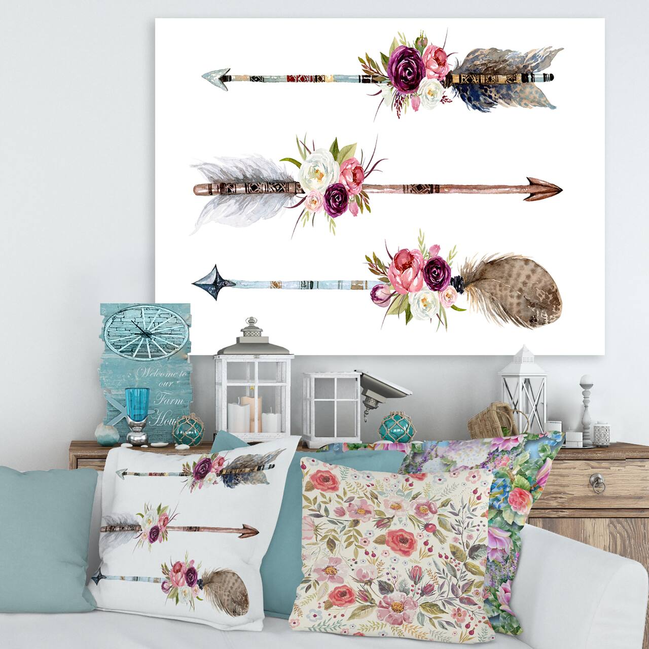 Designart - Ethnic Feathers and Flowers On Native Arrows III - Bohemian & Eclectic Canvas Wall Art Print